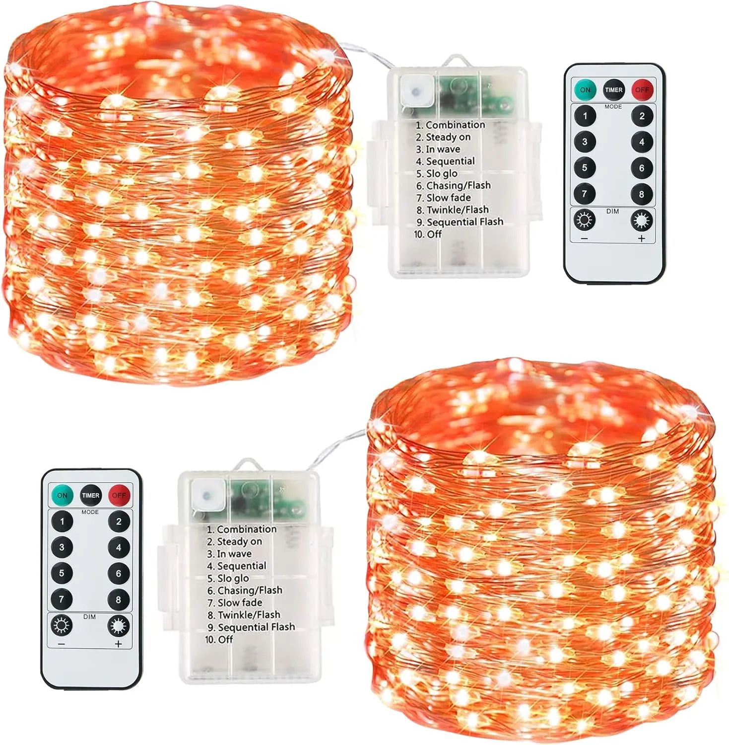 120LED 12M 8 patrones de alambre de cobre con pilas, impermeables, para interiores y exteriores, luces de cadena con temporizado